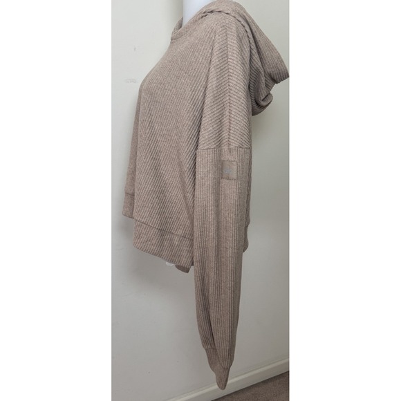 ALO Yoga Muse Cropped Hoodie Long Sleeve Ribbed Pullover Large Gravel Heather - Picture 5 of 6